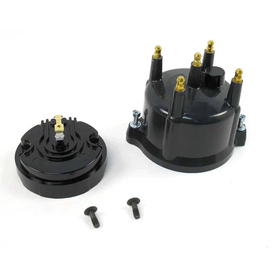 REPLACEMENT CAP AND ROTOR KIT FOR 4-CYLINDER FLAME-THROWER BILLET VOLKSWAGEN DISTRIBUTORS. BLACK MALE STYLE CAP