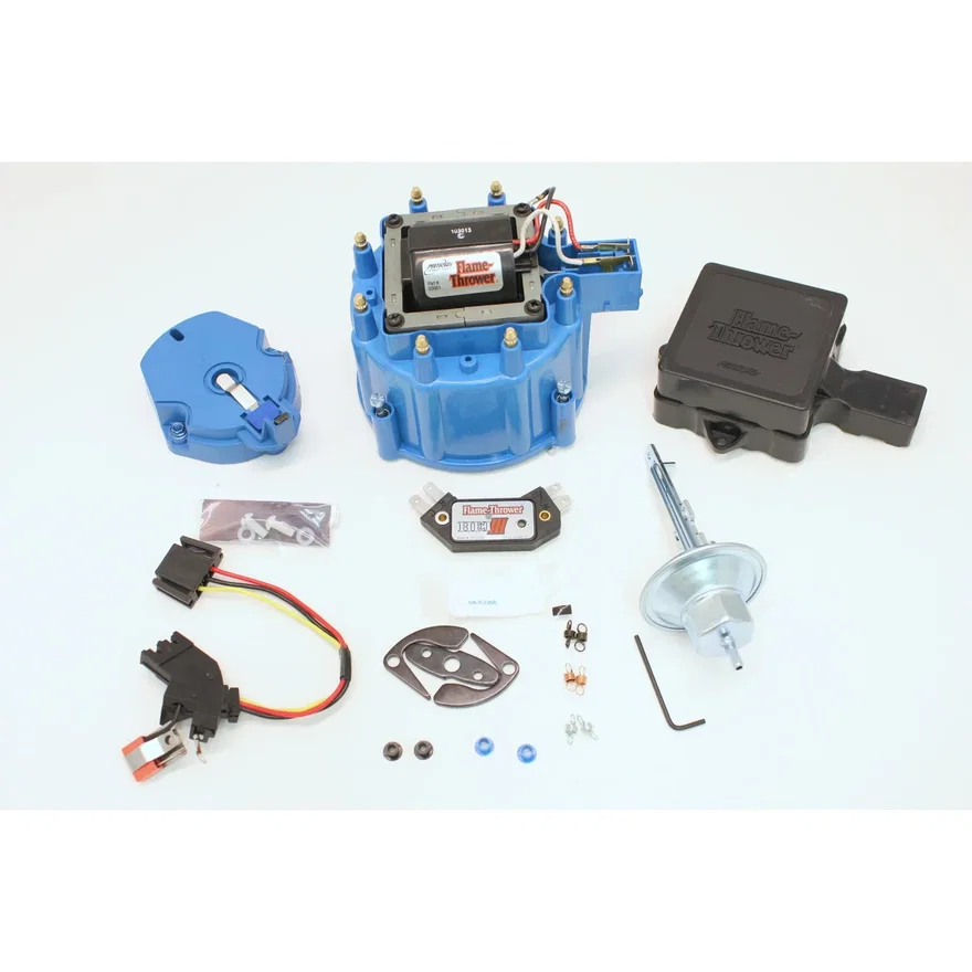 FLAME THROWER TUNE-UP KIT FEATURING IGNITOR III ELECTRONICS FOR BUICK, PONTIAC, OLDSMOBILE, AND CORVETTE HEI DISTRIBUTORS WITH RED/YELLOW COIL WIRE. STREET / STRIP MODULE, BLUE CAP