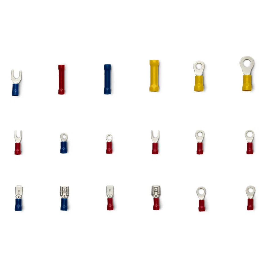 Ignition Insulated Terminal kit (175pcs). Contains Ring and Spade terminals; Butt connectors; Female and Male disconnects for 22-10 AWG wire(Red,Blue,Yellow)