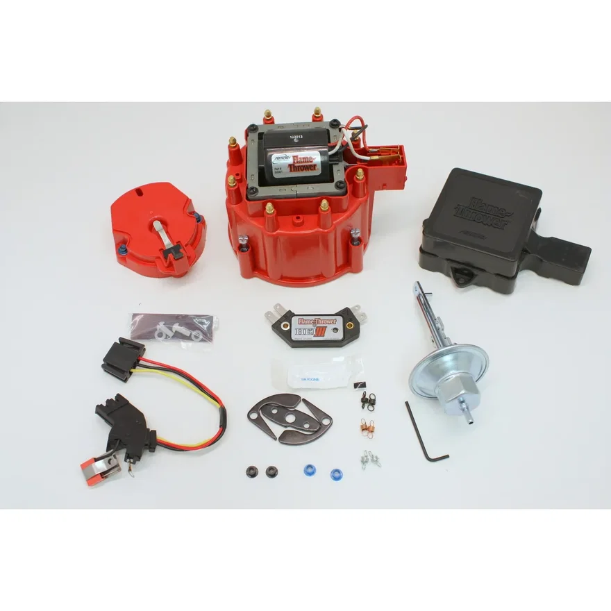 FLAME THROWER TUNE-UP KIT FEATURING IGNITOR III ELECTRONICS FOR BUICK, PONTIAC, OLDSMOBILE, AND CORVETTE HEI DISTRIBUTORS WITH RED/YELLOW COIL WIRE. STREET / STRIP MODULE, RED CAP