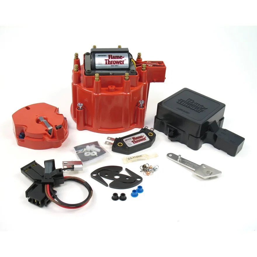 FLAME THROWER "RACE ONLY" TUNE-UP KIT FOR ALL FLAME-THROWER HEI DISTRIBUTORS (INCLUDING FORD). ALSO WORKS IN ALL GM FACTOTORY HEI DISTRIBUTORS FEATURES "RACE ONLY" MODULE, RED CAP