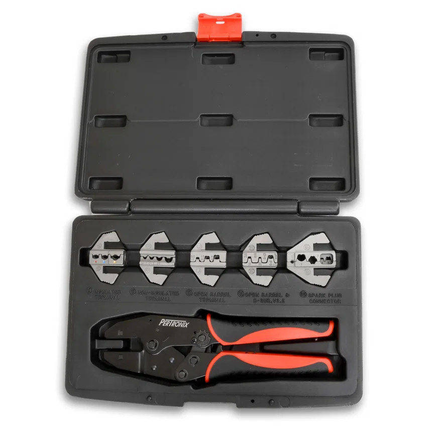 QUICK CHANGE RATCHET CRIMP KIT. THIS KIT HAS 5 DIES INCLUDED. INSULATED, NON-INSULATED, OPEN BARREL, D-SUB, AND SPARK PLUG WIRE TERMINALS