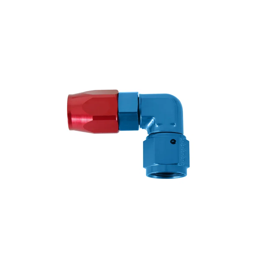 90 Degree Swivel-Seal® Hose End -8 AN - Red/Blue - Clamshell Package