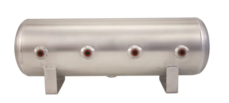 2.5 Gallon Aluminum Air Tank; (4) 1/4 in.  face ports; 6 in.  D X 20 in.  L, light weight, 200PSI maximum operating pressure