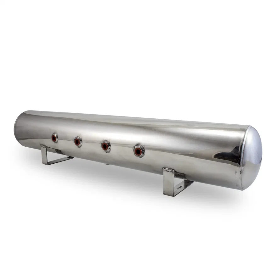 4 Gal Aluminum Air Tank; (4) 1/4 in.  face ports & (2) 3/8 in.  end ports; 6 in. D X 30 in. L, light weight, polished aluminum, 200PSI maximum operating pressure