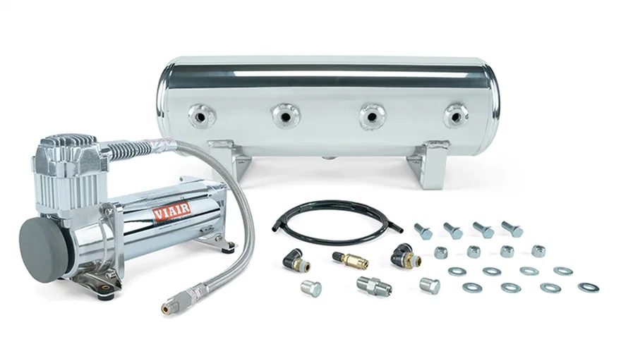 2.5 Gal. Polished Tank w/ Viair 444c chrome compressor, 1/4" & 3/8" fittings & tank mounting hardware