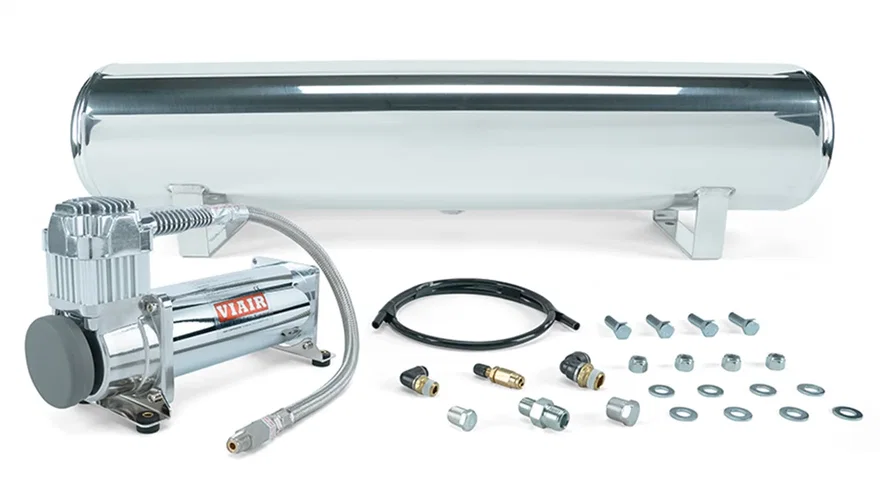 4 Gal. Polished Tank w/ Viair 444c chrome compressor, 1/4" & 3/8" fittings & tank mounting hardware