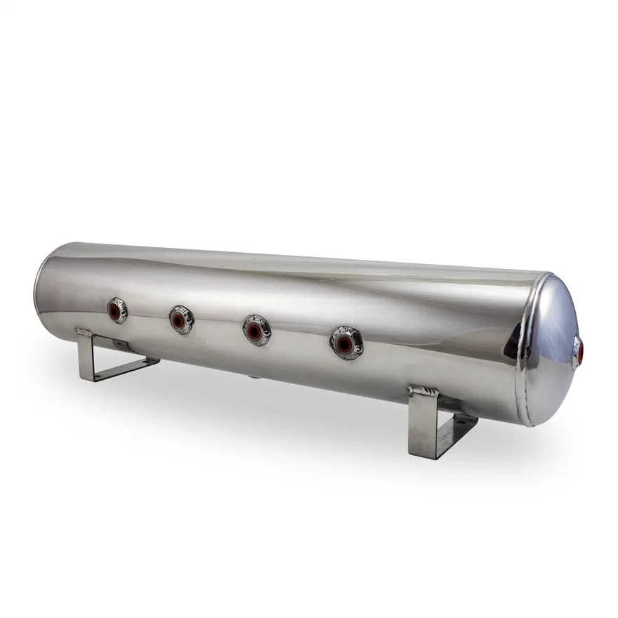 2.5 Gallon Aluminum Air Tank; (4) 1/4 in.  face ports; 6 in.  D X 20 in.  L, light weight, raw aluminum, 200PSI maximum operating pressure