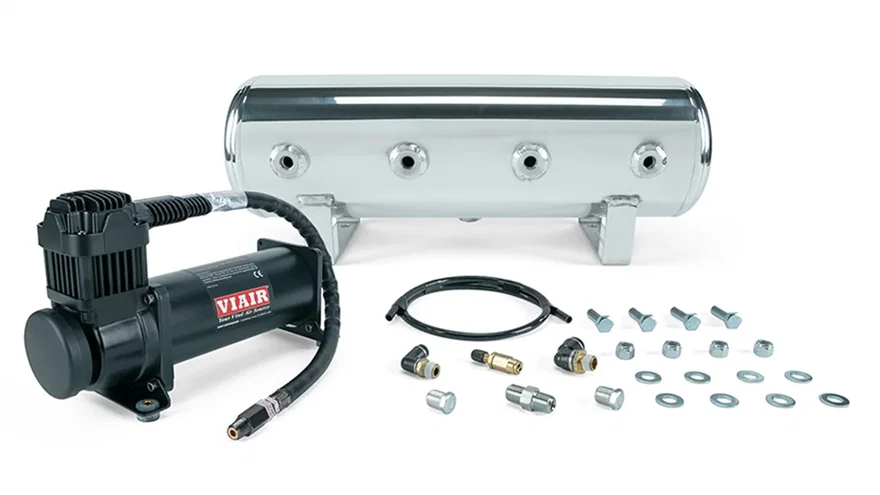 2.5 Gal. Polished Tank w/ Viair 444c black compressor, 1/4" & 3/8" fittings & tank mounting hardware