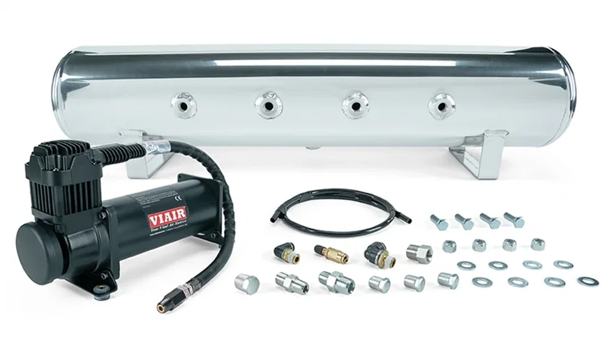 4 Gal. 7-Port Polished Tank w/ Viair 444c black compressor, 1/4" & 3/8" fittings & tank mounting hardware