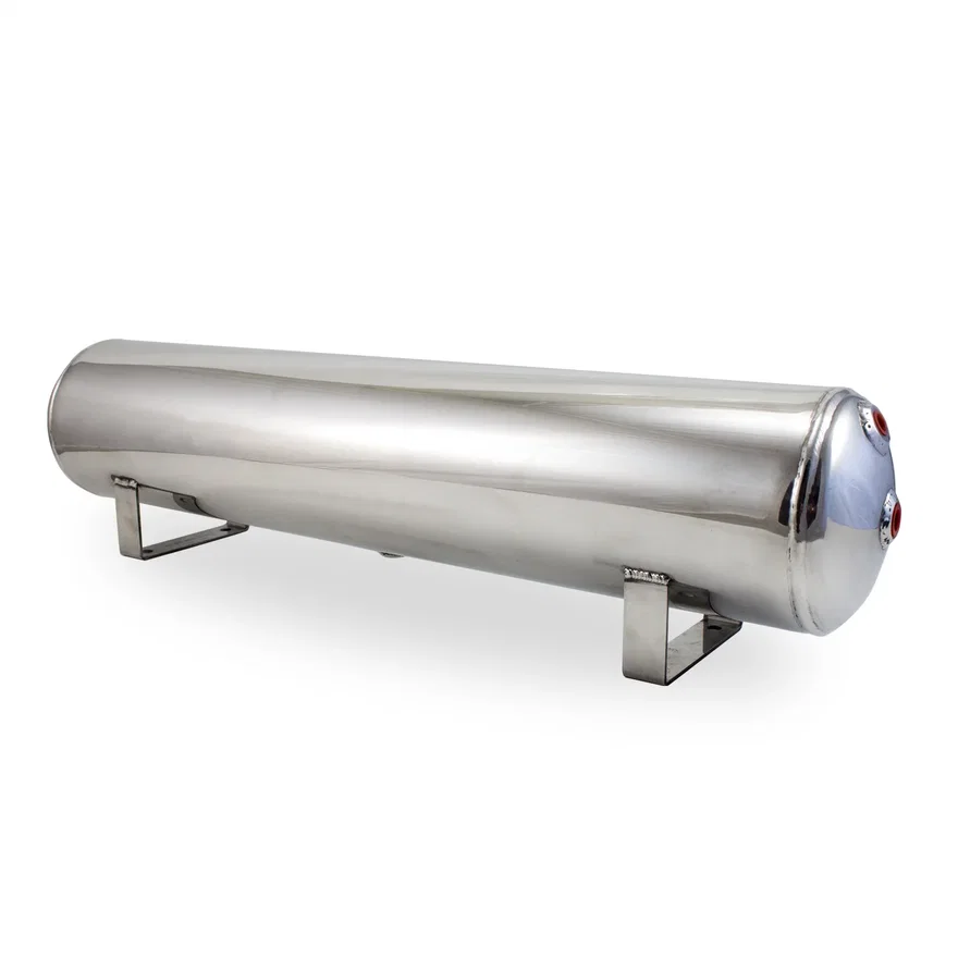 4 Gal Aluminum Air Tank; (4) 1/4 in.  face ports & (2) 3/8 in.  end ports; 6 in. D X 30 in. L, light weight, raw aluminum, 200PSI maximum operating pressure