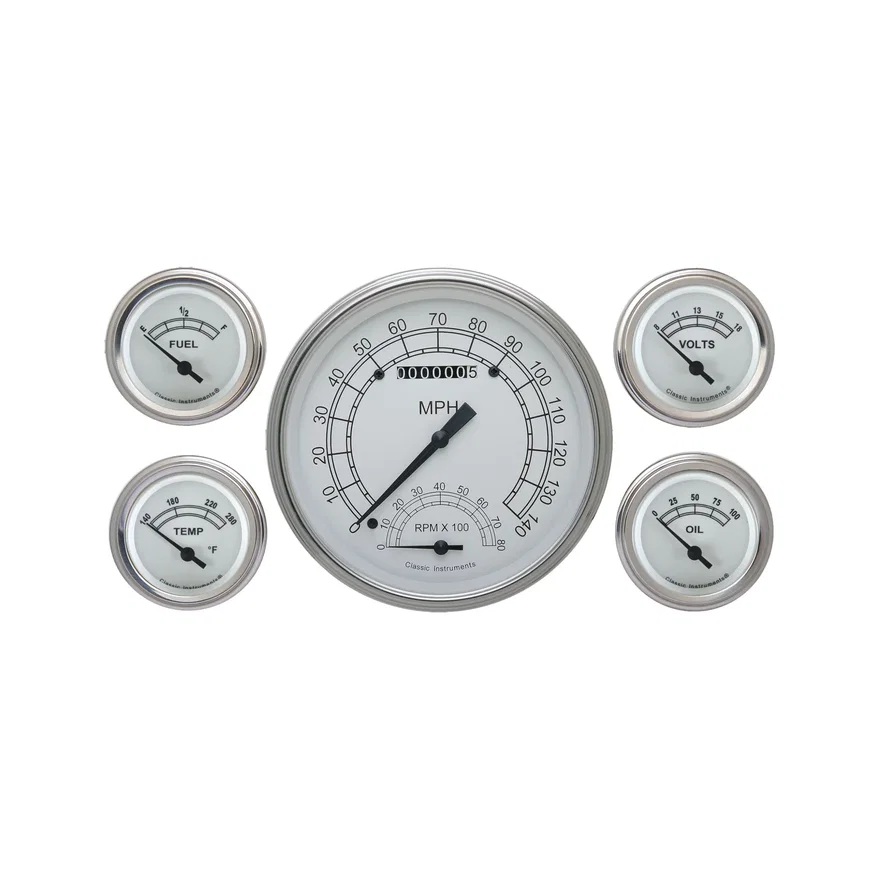 White 5" Speedo/Tach w/ 2-1/8" Fuel/Temp/Volt/Oil GM