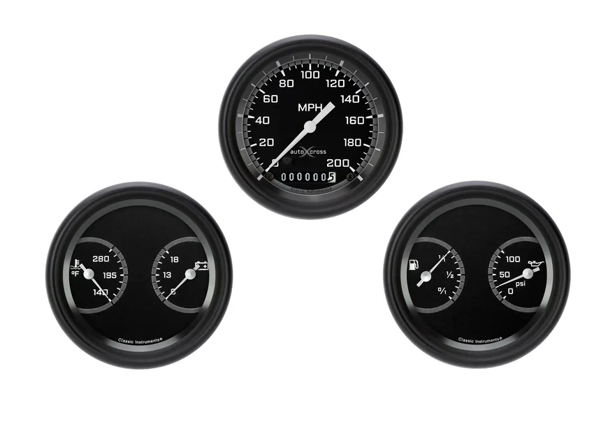 AutoCross Gray 3-3/8" Speedo & 2 Duals with Black Low Step Bezel Flat Glass Lens