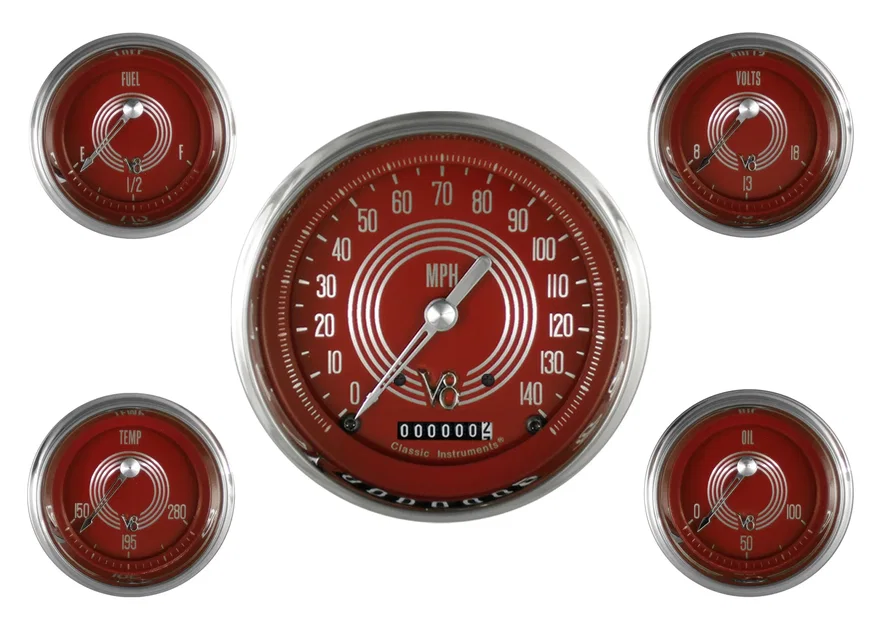 V8 Red Steelie Five Gauge Set