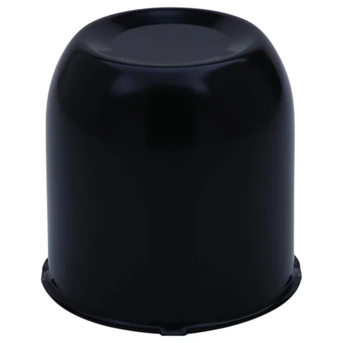 Push Thru Center Cap Closed End Gloss Black Steel 4.9in OD 4.18in Overall Length