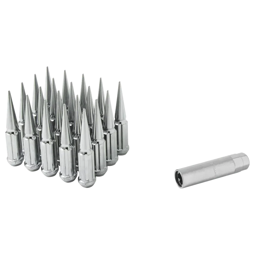 Small Diam Spline Spike Lug Nuts 13/16" & 7/8" Key 14mm x 2.00 Chrome Set of 32 for Ford