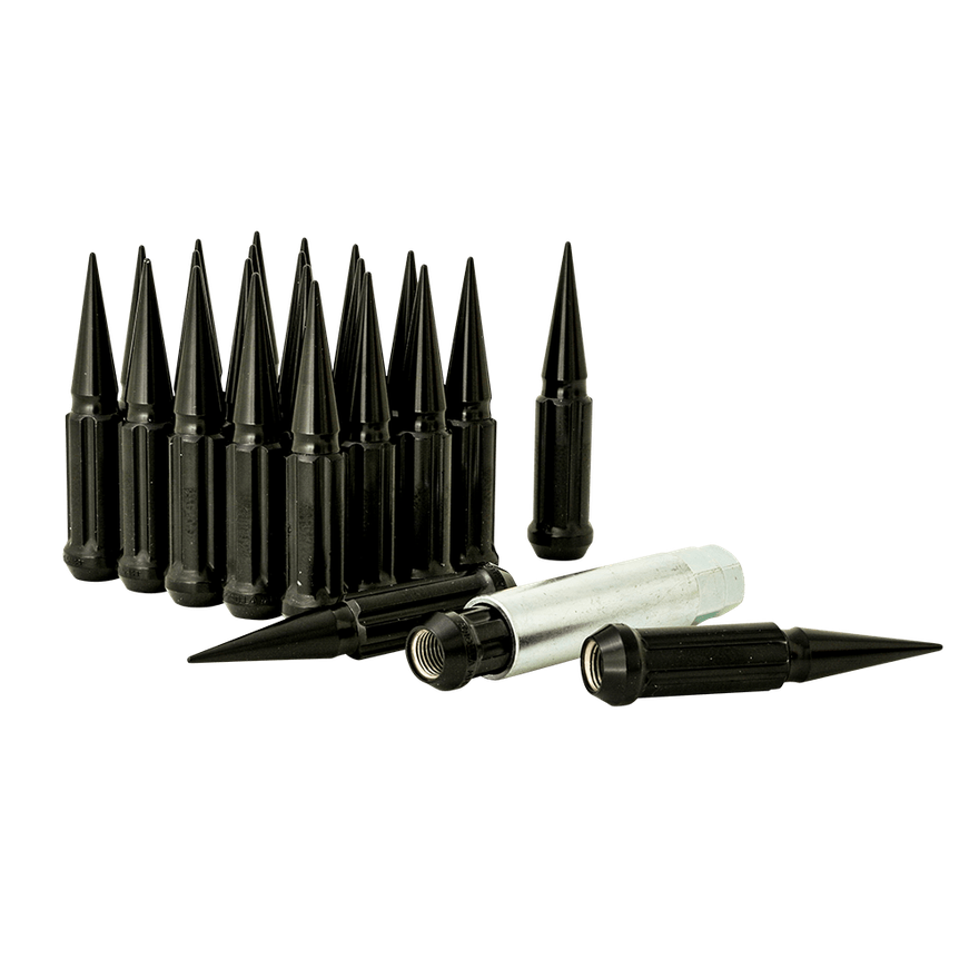 Small Diam Spline Spike Lug Nuts 13/16" & 7/8" Key 14mm x 1.50 Black Set of 24