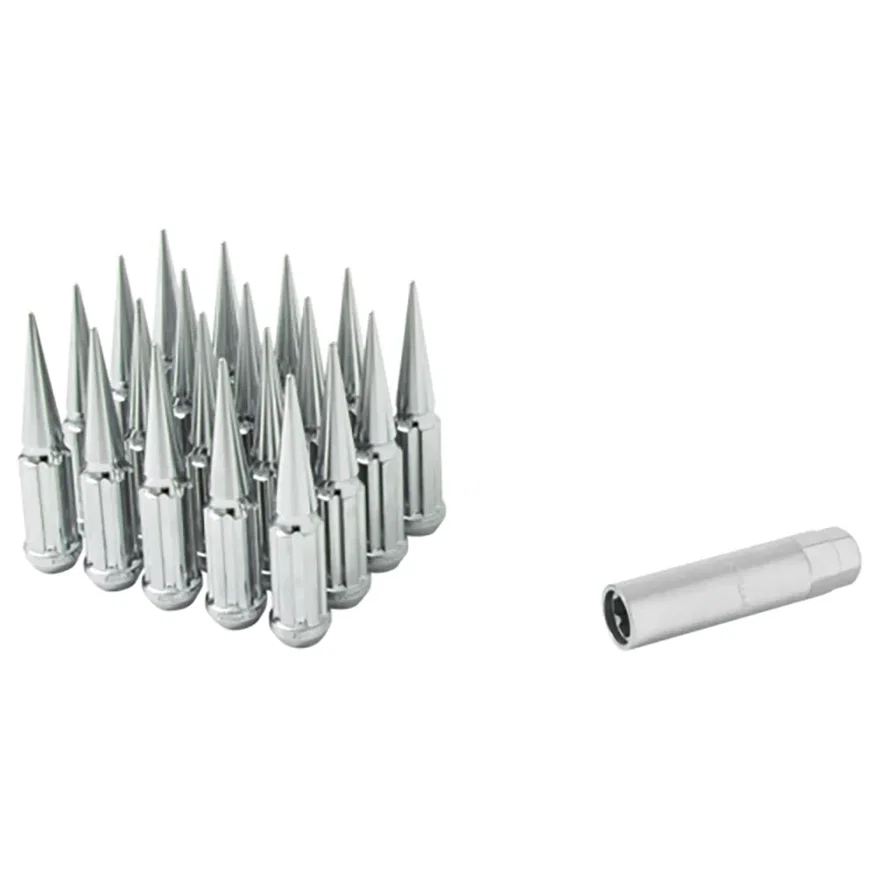 Small Diam Spline Spike Lug Nuts 13/16" & 7/8" Key 14mm x 1.50 Chrome Set of 32