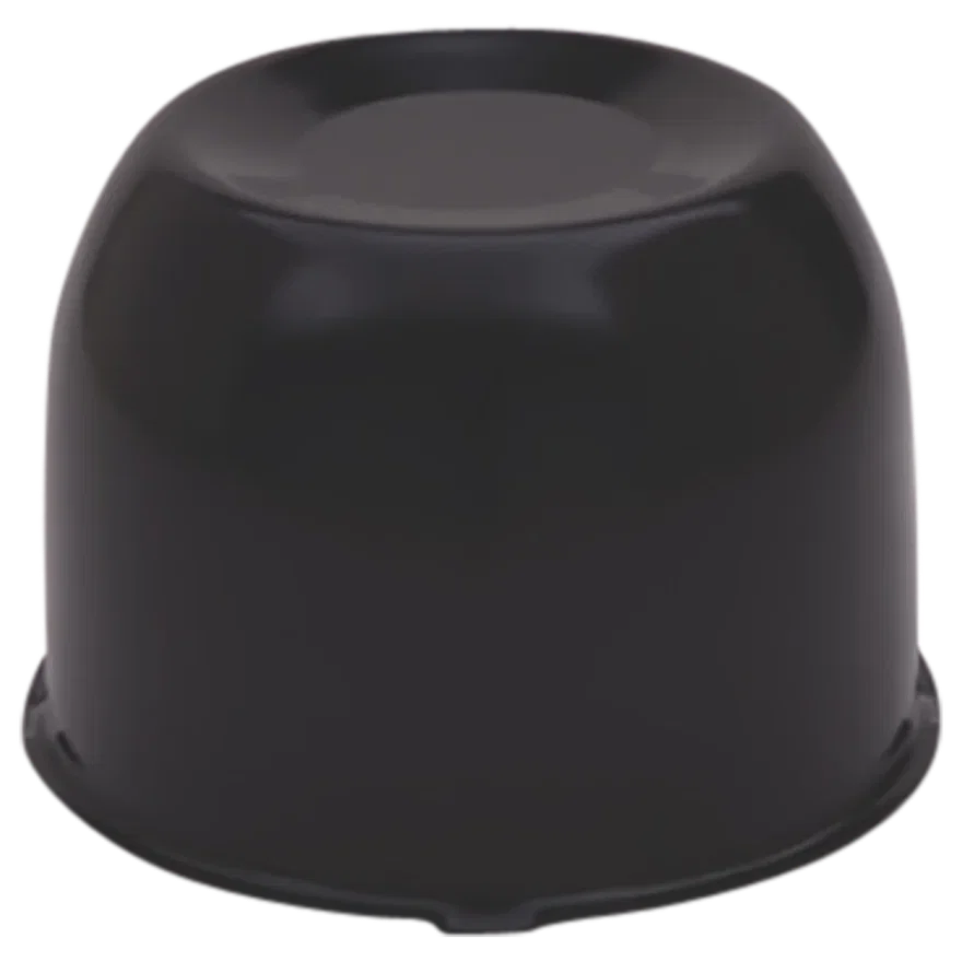 Push Thru Center Cap Closed End Gloss Black Steel 4.25in OD 4.5in Overall Length