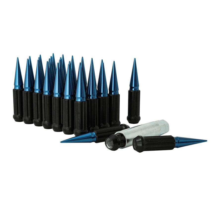 Small Diam Spline Spike Lug Nuts 13/16" & 7/8" Key 14mm x 1.50 Blue Set of 32