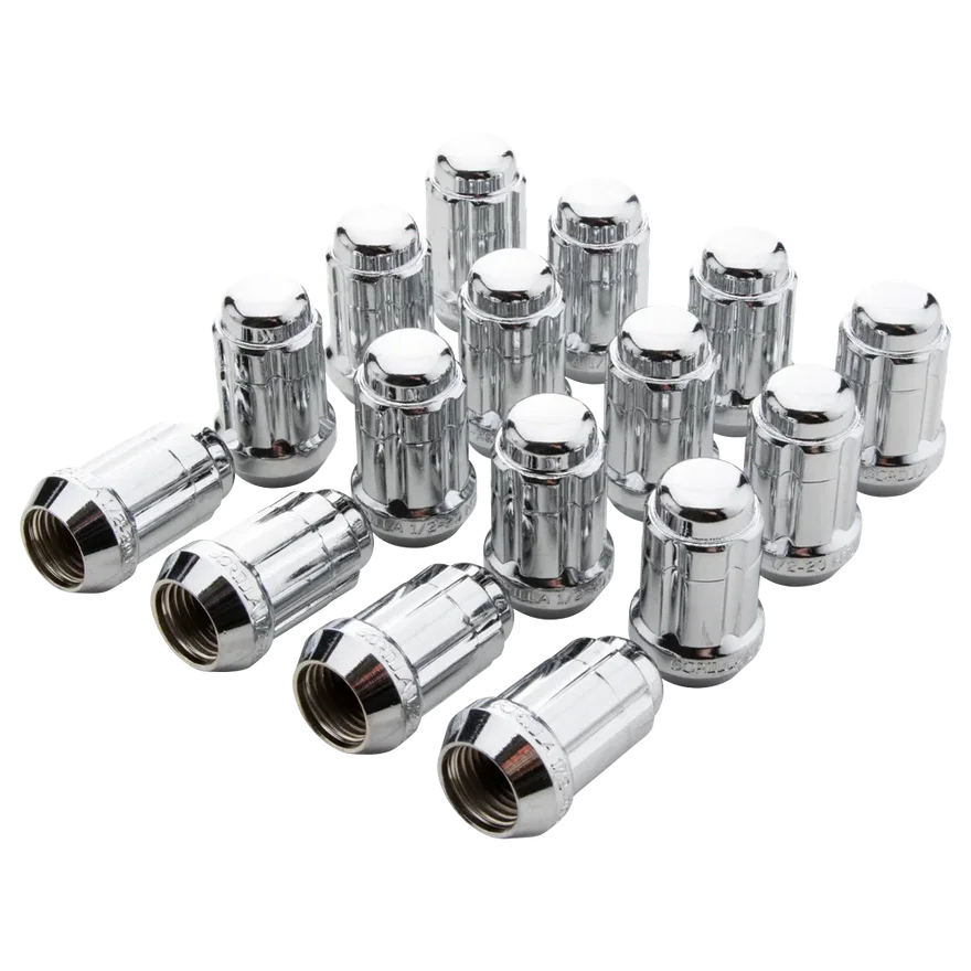 Small Diam Spline Acorn Lug Nuts 17mm & 19mm Key 1/2"-20 Chrome Set of 16 for Textron