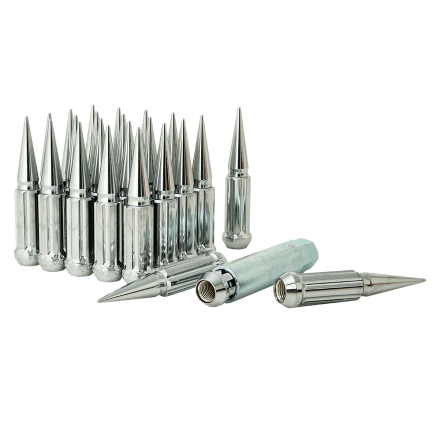 Small Diam Spline Spike Lug Nuts 13/16" & 7/8" Key 14mm x 1.50 Chrome Set of 24