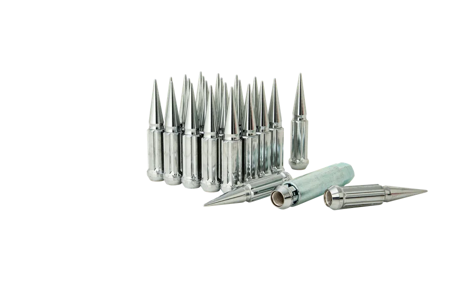 Small Diam Spline Spike Lug Nuts 13/16" & 7/8" Key 14mm x 2.00 Chrome Set of 24