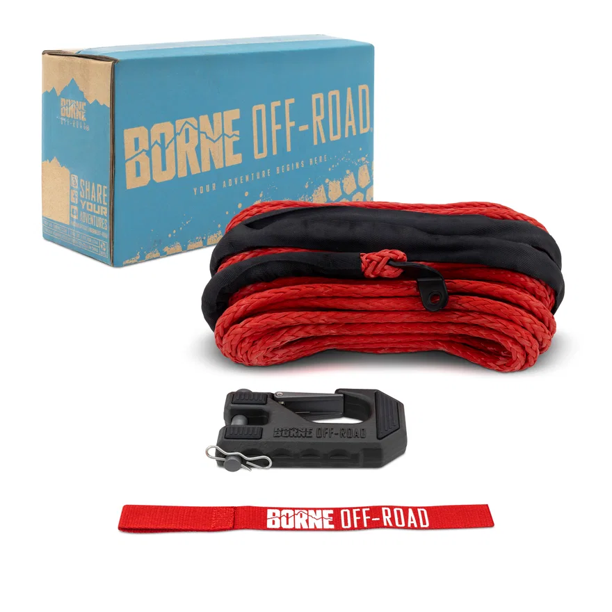 Borne Off-Road BNWN-SR-38-85KRD Replacement Synthetic Winch Rope, Red, Hook, and Tether strap