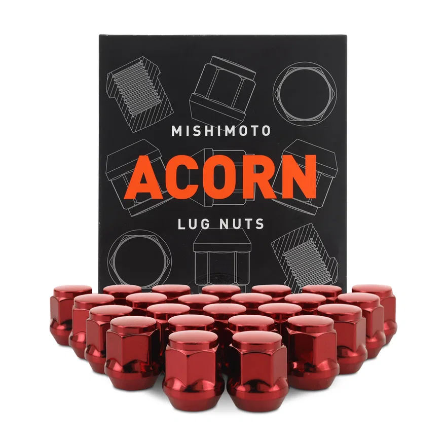 Steel Lug Nuts, Red, M14x1.5, Acorn Seat, 24pc Set