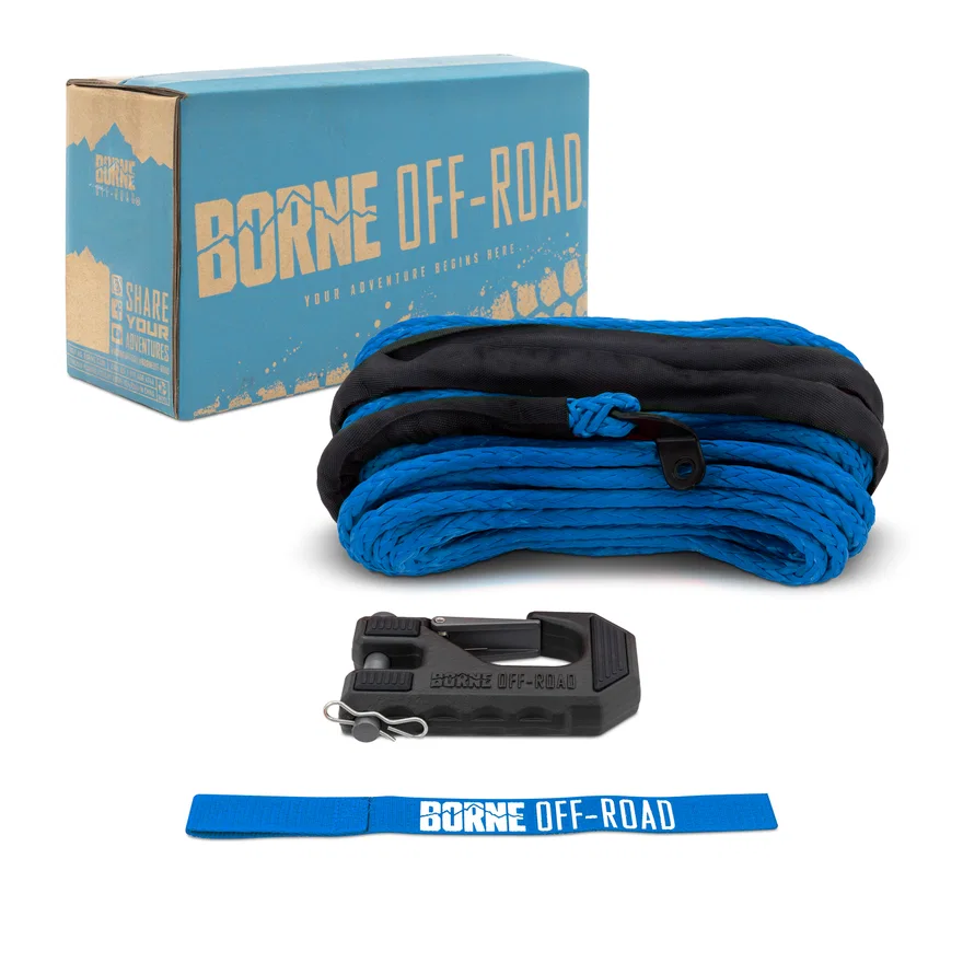 Borne Off-Road BNWN-SR-38-85KBL Replacement Synthetic Winch Rope, Blue, Hook, and Tether Strap