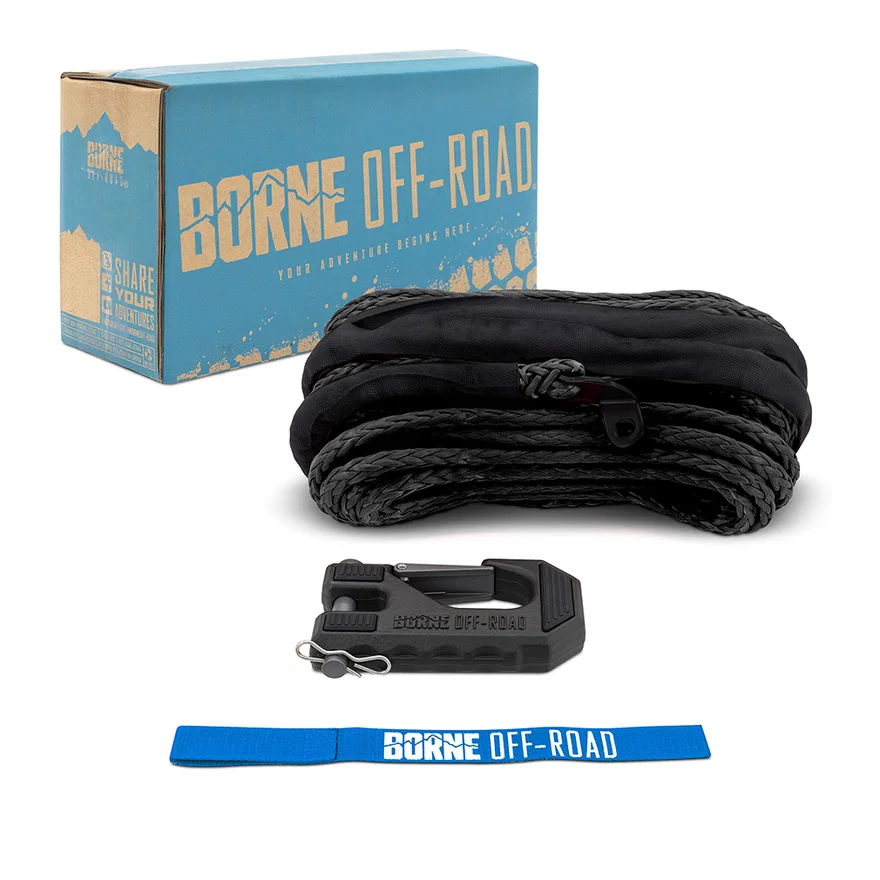 Borne Off-Road BNWN-SR-38-85KBK Replacement Synthetic Winch Rope, Black, Hook, and Tether Strap
