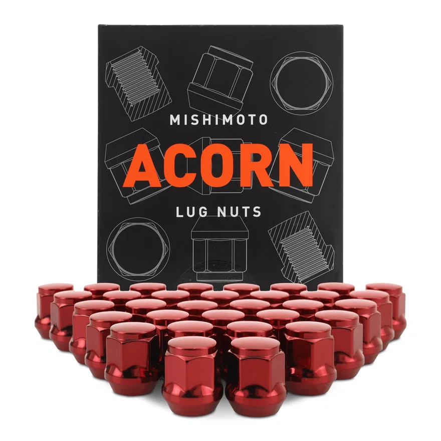 Steel Lug Nuts, Red, M14x1.5, Acorn Seat, 32pc Set