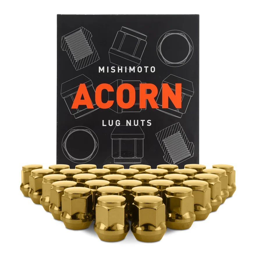 Steel Lug Nuts, Gold, M14x1.5, Acorn Seat, 32pc Set