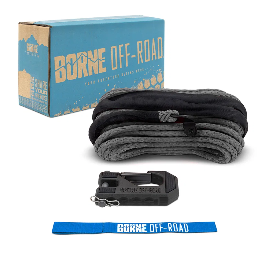 Borne Off-Road BNWN-SR-38-85KGR Replacement Synthetic Winch Rope, Gray, Hook, and Tether Strap