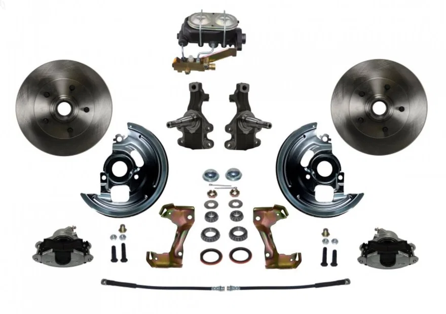 Front Manual 2" Drop Spindle Kit with Plain Rotors and Zinc Plated Calipers for Chevrolet Chevy II