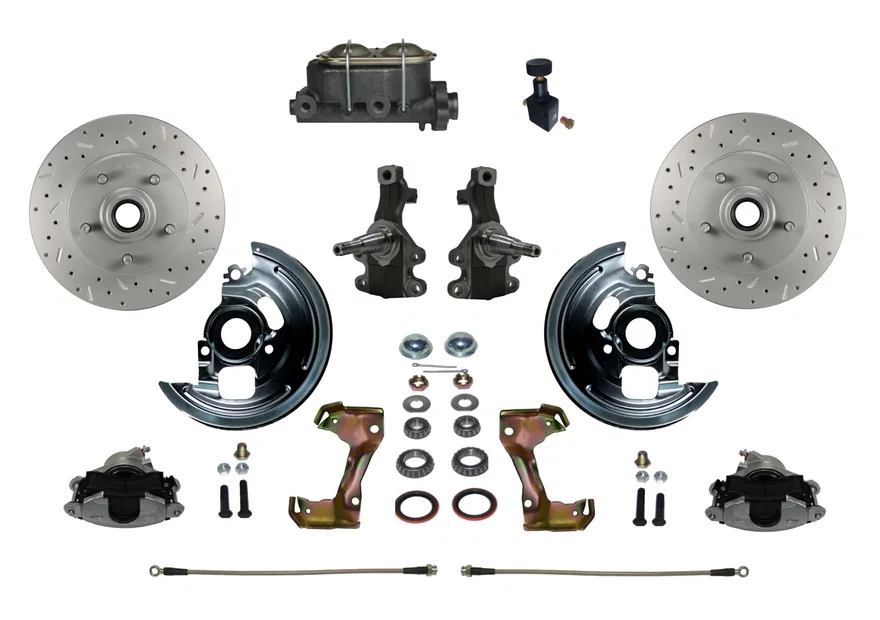 Front Manual 2" Drop Spindle Kit with Drilled Rotors and Zinc Plated Calipers for Chevrolet Chevy II