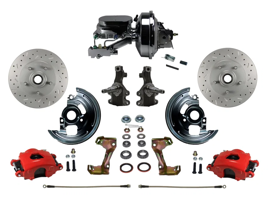 Front Power Kit with 2" Drop Spindles Drilled Rotors and Red Powder Coated Calipers
