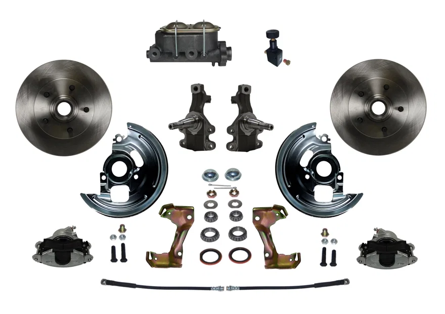 Front Manual 2" Drop Spindle Kit with Plain Rotors and Zinc Plated Calipers for Chevrolet Chevy II