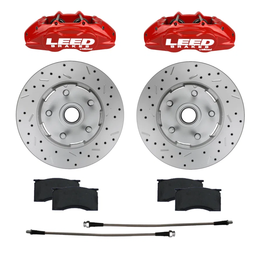 Front Caliper and Rotor Kit with Drilled Rotors and Red Powder Coated Calipers