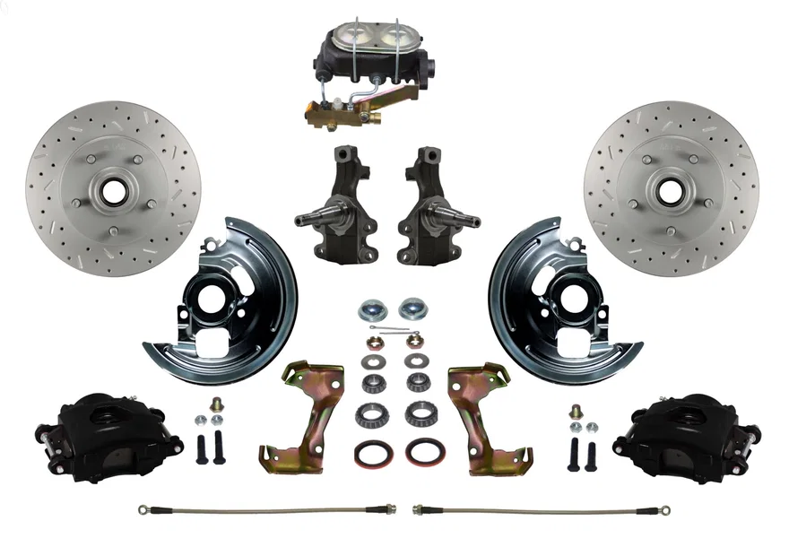 Front Manual Kit with 2" Drop Spindles Drilled Rotors and Black Powder Coated Calipers for Chevrolet Chevy II