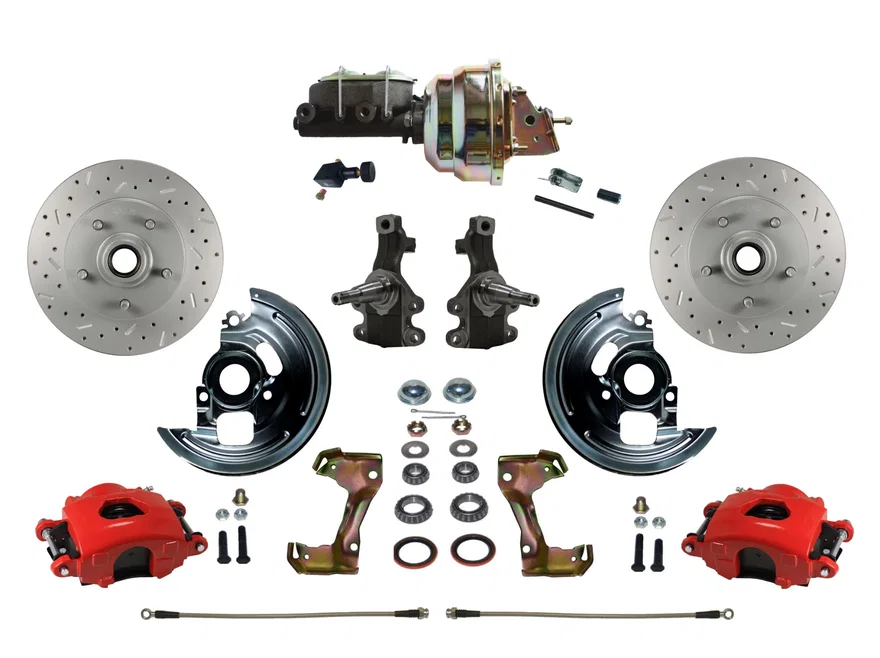 Front Power Kit with 2" Drop Spindles Drilled Rotors and Red Powder Coated Calipers