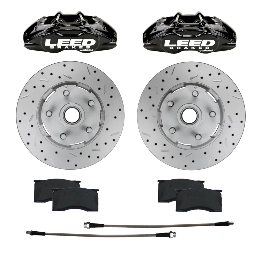 Front Caliper and Rotor Kit with Drilled Rotors and Black Powder Coated Calipers