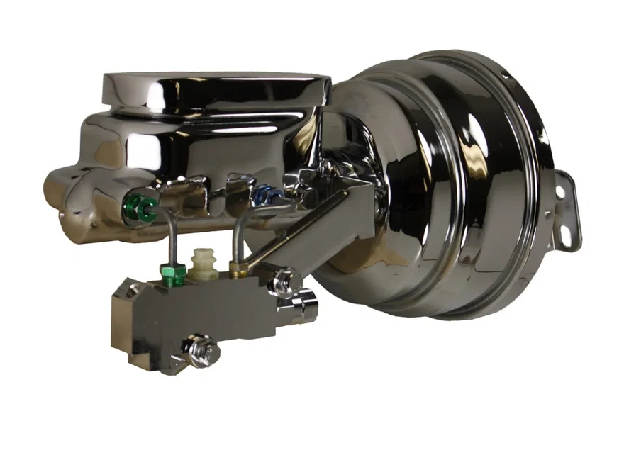 8 inch dual power booster, 1-1/8 inch bore flat top master disc/drum (Chrome)