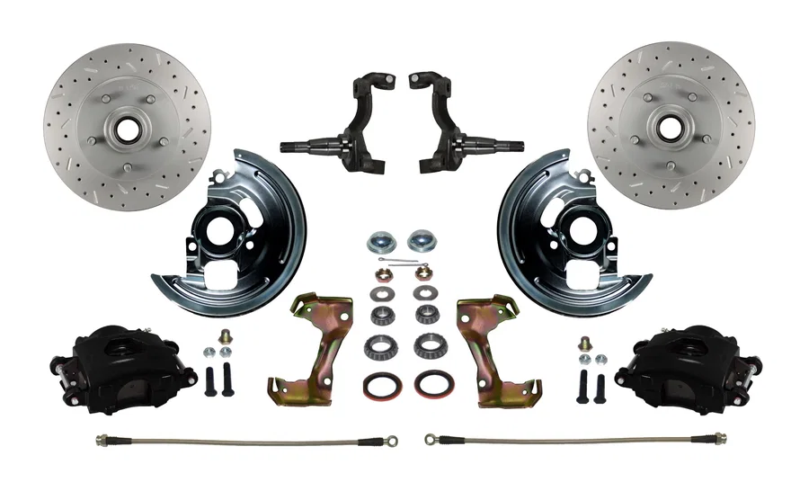 Front Spindle Kit with Drilled Rotors  and Black Powder Coated Calipers for Chevrolet Chevy II