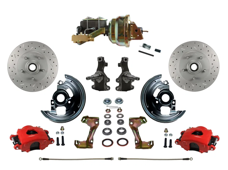 Front Power Kit with 2" Drop Spindles Drilled Rotors and Red Powder Coated Calipers