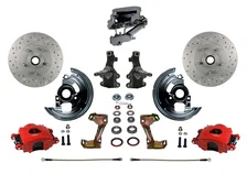 Front Manual Kit with 2" Drop Spindles Drilled Rotors and Red Powder Coated Calipers for Chevrolet Chevy II image 1