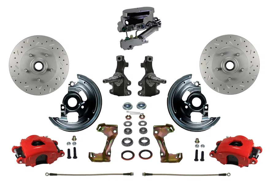 Front Manual Kit with 2" Drop Spindles Drilled Rotors and Red Powder Coated Calipers for Chevrolet Chevy II