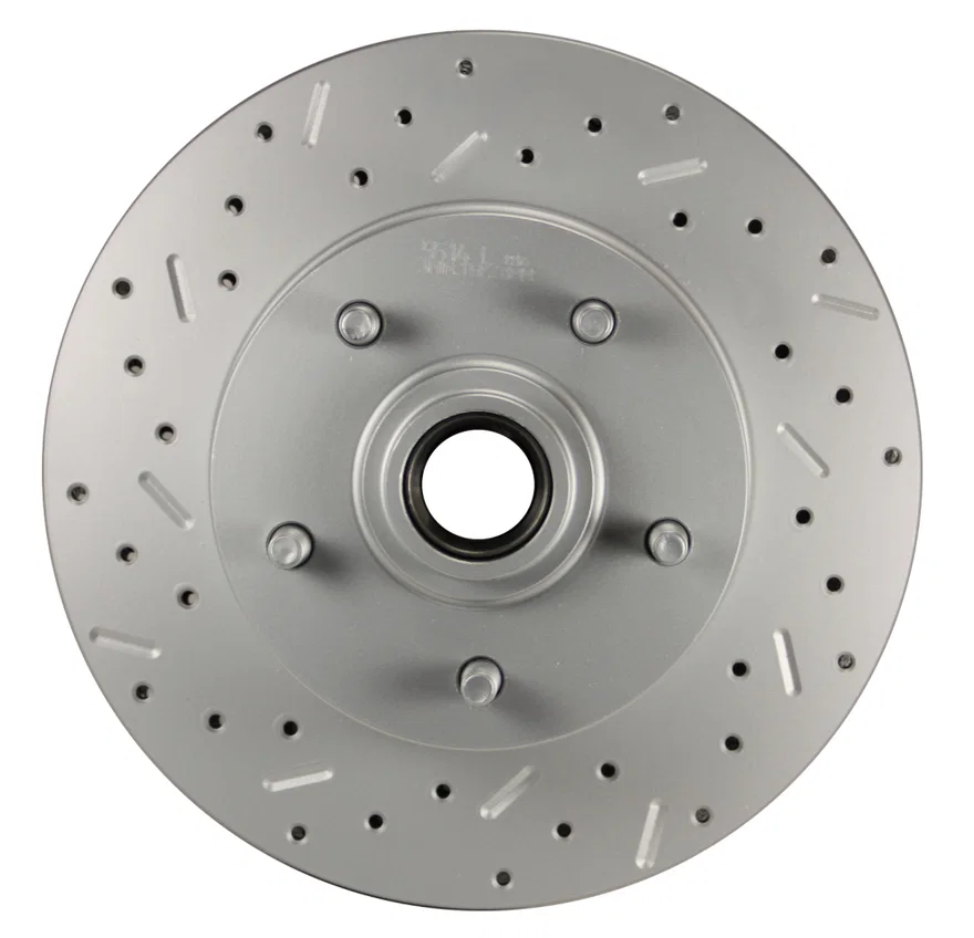 Cross drilled and slotted front rotor for GM single piston cars