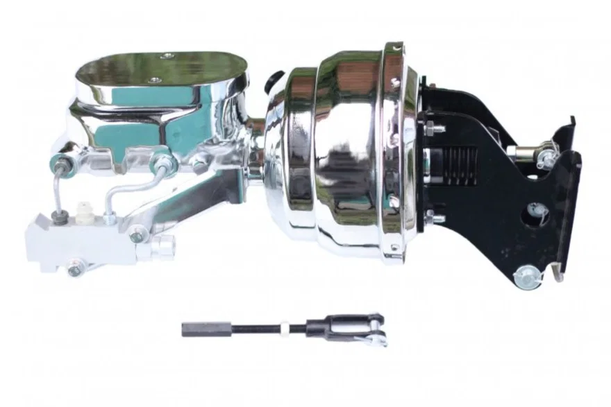 8 inch dual power booster, 1-1/8 inch bore flat top master disc/drum (Chrome)