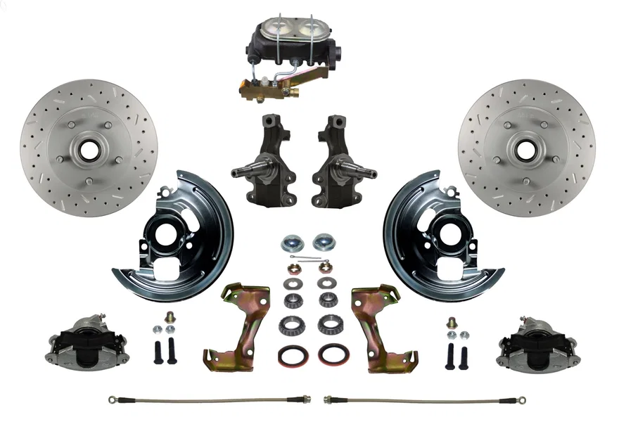 Front Manual 2" Drop Spindle Kit with Drilled Rotors and Zinc Plated Calipers for Chevrolet Chevy II